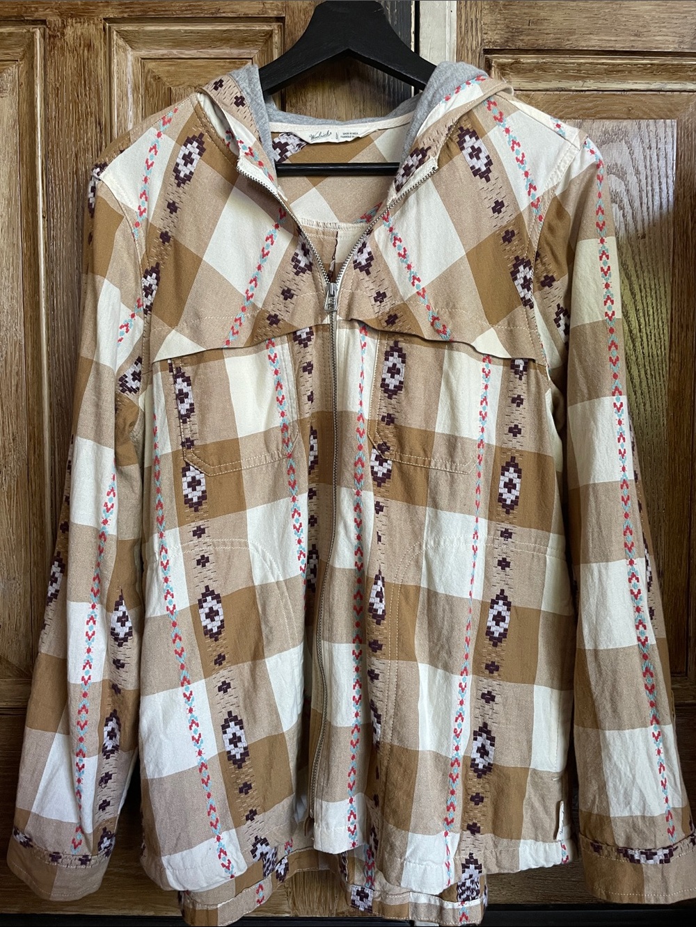 Woolrich Vintage Beige Plaid Patterned Hooded Zip-Up Jacket